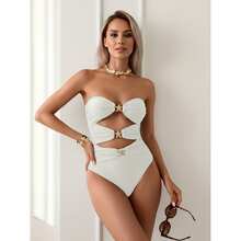 Cream Bandeau One Piece Swimsuit - Women's Starfish Cutout Swimwear, Ruched Tummy Control Bathing Suit, Sexy Beach Pool Summer Swimsuit For Women - Multicolor 877 - View 2