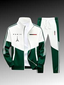 The All-Occasion Parisian Casual Sportswear Set - Casual Sport Jackets And Sport Pants, With Geometric Pattern Designs, For Fitness And Running. - Dark Green - View 1