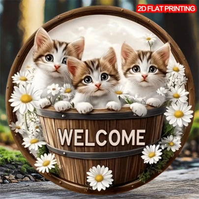 2D Flat, 1pc Vintage Style Cat Lover Welcome Sign - 8 X 8 Inch Round Iron Wall Decor, Holiday Decoration For Thanksgiving, Independence Day, Christmas, Cute Cats And Wreath | Handmade Iron | Suitable For Home, Room, Door, 2D Flat, Random Hole Position