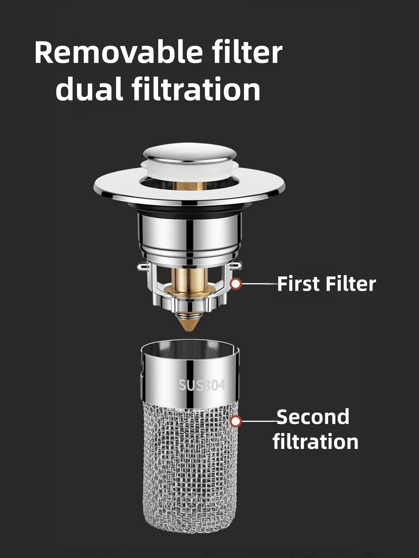 1个不锈钢浴室水槽塞 - 弹跳式排水塞，带毛发收集器，适用于1.18英寸至1.57英寸的洗脸盆，镀铬饰面 - 彩色 - 查看 1