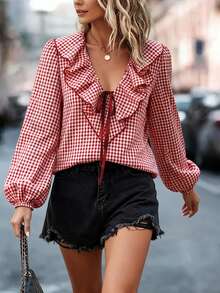 Áo sơ mi Vuslat mùa xuân thanh lịch, giản dị, đa năng, cổ chữ V, thắt nơ, tay dài, kẻ caro, thích hợp cho đi làm, công sở, mặc hàng ngày, dự tiệc, tiệc trà chiều, dự đám cưới, đi học. - Nhiều màu - Xem 5