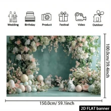 2D Flat Easter Wreath Background Cloth, White Rabbit, Colorful Easter Eggs, Flowers, Green Leaves, Blue-Green Background, Festival Decoration, Home Decoration, Party Decoration, Photo Background, Polyester Fiber, No Power Required - Multicolor 1 - View 6