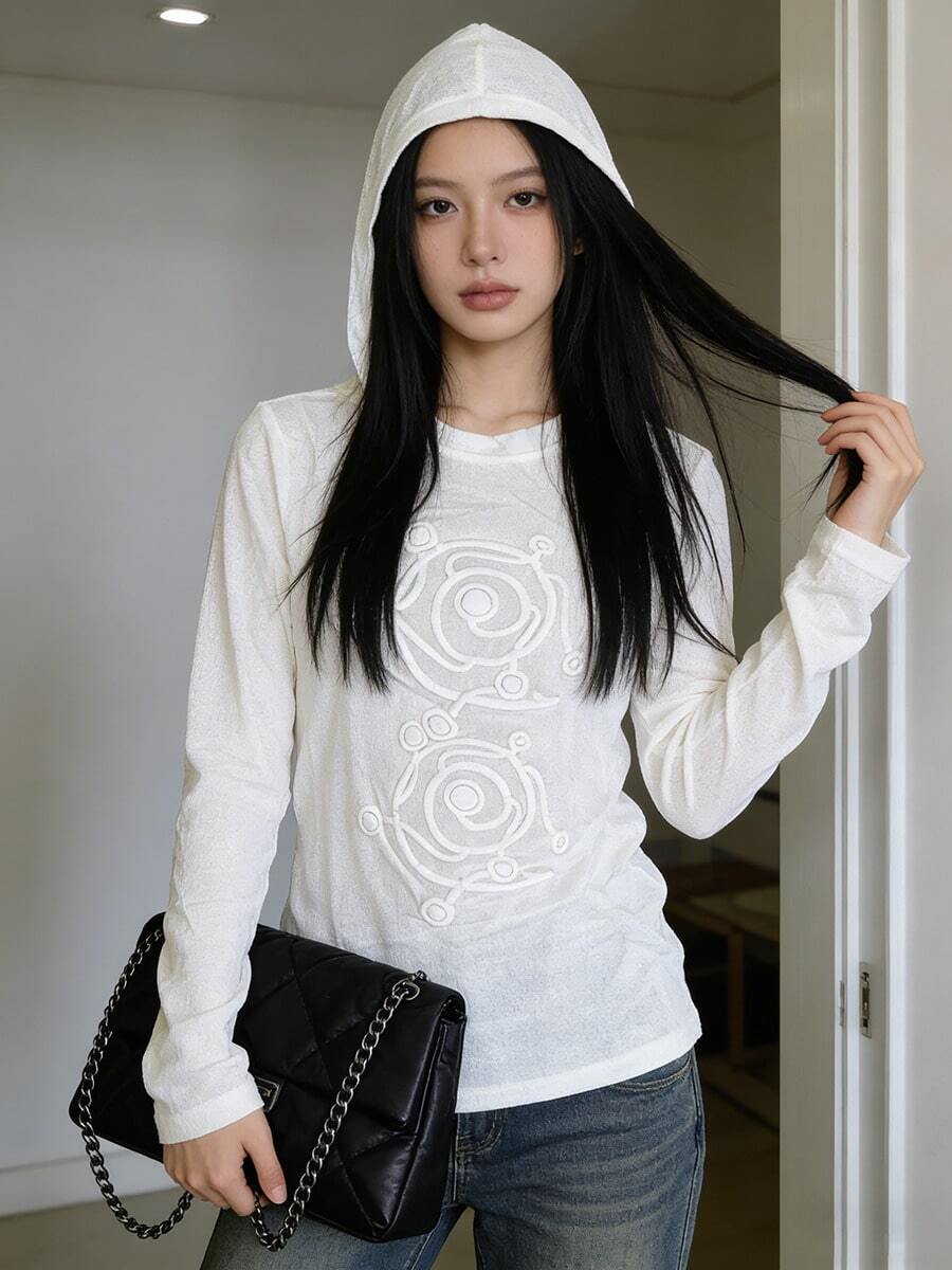 涤纶字母薄纱T恤，适合度假和日常穿着，春夏款 - 白色 - 查看 1