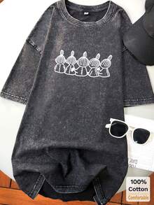 Washed Black Long Sleeve T-Shirt For Women, Funny Graphic Print, Loose Fit, Vintage, Oversized, Summer Casual Spring - Black - View 2