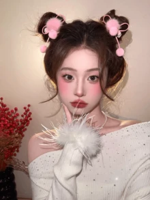 2个蝴蝶结毛球发夹，2026新款可爱双马尾发饰 - 粉色 - 查看 1