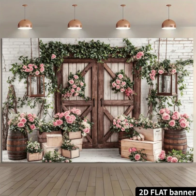 乡村婚礼摄影背景，花卉乡村玫瑰农舍木门背景，粉色花朵生日婴儿派对婚礼新娘派对横幅拍照道具周年纪念背景