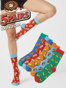 1/3/5双装 秋冬保暖趣味汉堡、热狗、披萨、啤酒快餐图案中筒袜，适合日常穿着、居家/办公、节日送礼 - 彩色 - 查看 3