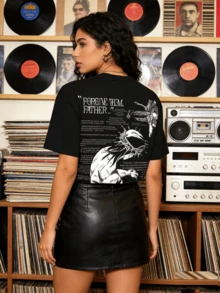 Men's T-Shirt, "Forgive Them, Father" Graphic Tee, Unisex, Casual, Crew Neck, Religious Illustration, Steel Ball Run - Manga - Inspired By Jesus, Spiritual Statement, Men's Sweater, Men's T-Shirts, Cotton Crew Neck T-Shirt, Short Sleeve, Men's Summer Tops, Sleeve T-Shirt, Summer Clothing, T-Shirts For Summer Tops - 黑色 - 查看 10