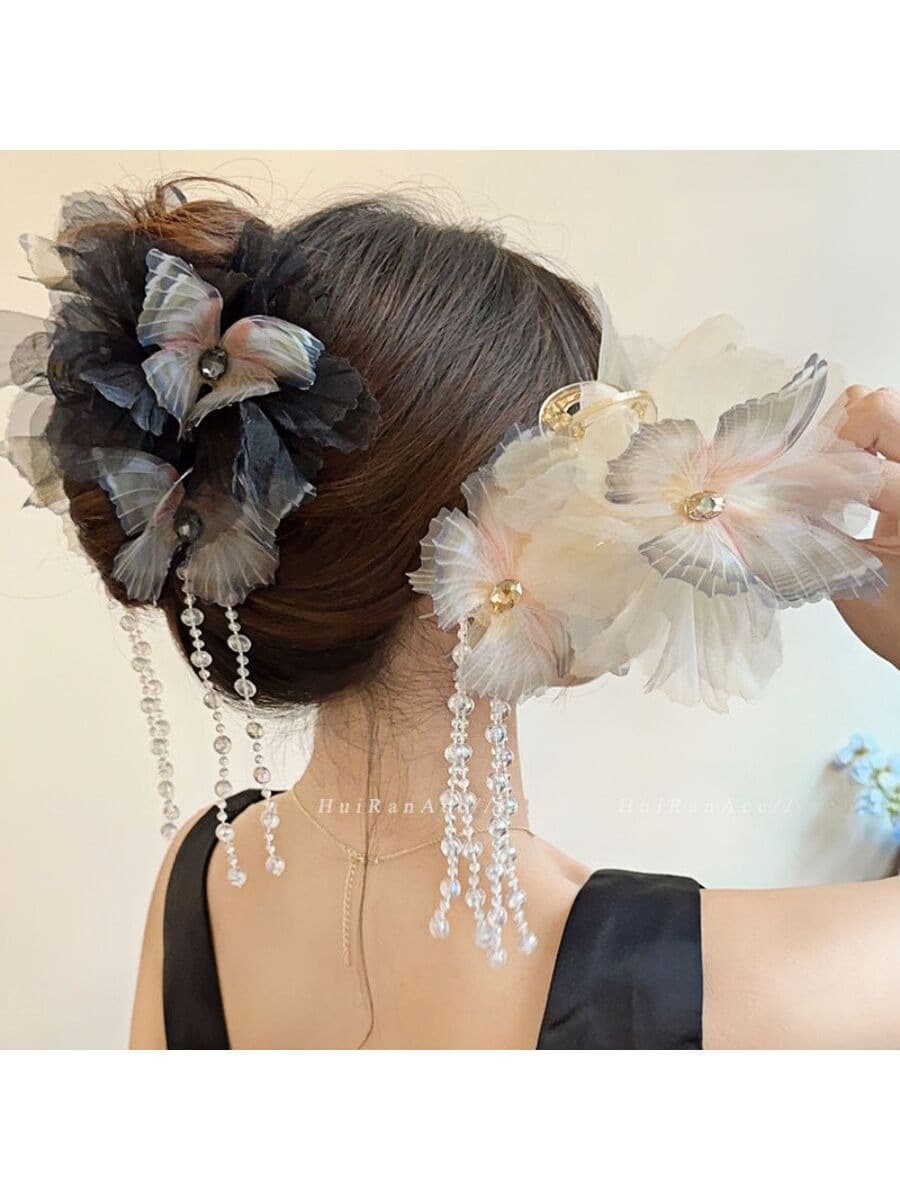 1pc Faux Pearl Butterfly Beaded Tassel Hair Clip, Romantic Crystal Mesh Princess Style Hair Accessory Women Hair Accessories Elegant Hair Claws Fashion Claw Clip - Multicolor - View 1