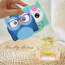 8Pcs Cute Owl Shape DIY Diamond Painting Coasters Set With Holder, Sparkling Rhinestone Art Craft Cup Mats For Home Decor & Gifts - Multicolor - View 5