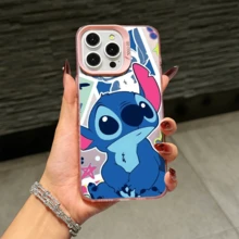 Disney Lilo & Stitch Angel Series  Case, Cute Cartoon Anime Design, Suitable For  17, 16, 15, 14, 13, 12, 11 Pro Max, XS, XR And X, Features A Reflective Back And Shockproof Corners. Perfect As A Birthday Gift, Holiday Gift, Or Valentine's Day Gift. - 黑色 - 查看 9