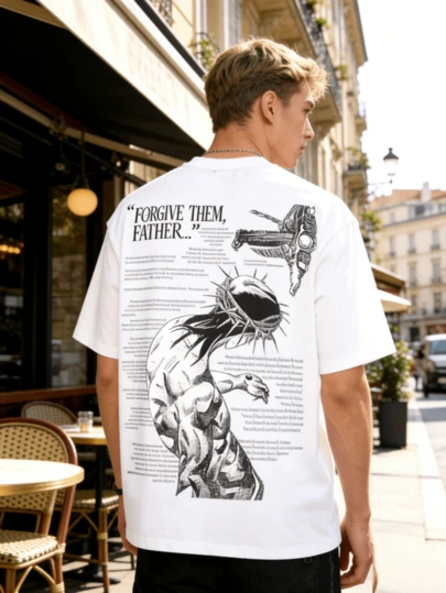 T-shirt da uomo, maglietta grafica "Perdonali, Padre", unisex, casual, girocollo, illustrazione religiosa, Steel Ball Run - Manga - ispirato a Gesù, dichiarazione spirituale, maglione da uomo, t-shirt da uomo, t-shirt girocollo in cotone, manica corta, top estivi da uomo, t-shirt con maniche, abbigliamento estivo, t-shirt per top estivi