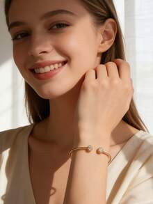 Charm-In Women's Gold-Plated Cubic Zirconia Minimalist Open Cuff Bracelet - Daily Wear & Gift For Her - Gold - View 4