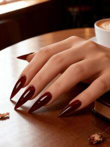 24PCs Cherry Red Press On Nails Long Stiletto Shape American Style False Nails Glossy Solid Color Detachable Nail Tips Hypoallergenic Nail Art Set For Women Girls Party Wedding Festival Vacation Gift Nail Accessories - Đỏ - Xem 10