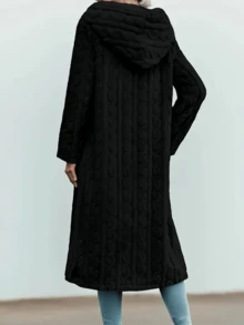 Warm Women's Longline Coat With Hood – Plush Textured Fabric For Chilly Spring & Winter Days. Its Unique Raised Pattern Brings Luxe Vibe, Lightweight Yet Snug Enough For Early Spring. Effortlessly Elevates Any Casual Outfit. - 黑色 - 查看 3