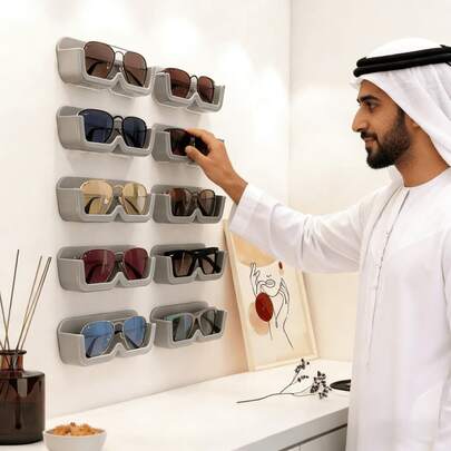 12/8/6/4/2/1 Ranuras Estante de almacenamiento de gafas, sin necesidad de perforar, soporte de gafas, adecuado para el pasillo, la sala de estar, el dormitorio, el baño, la oficina, el dormitorio y talla grande. Decoración del hogar, estante para gafas de sol montado en la pared, se puede usar en el baño y la mesita de noche, soporte de exhibición de gafas de sol, estante colgante para marcos de gafas.