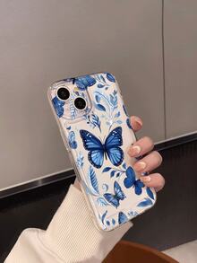 1pc Fashionable Minimalist Blue Butterfly & Leaf Pattern Transparent Soft Silicone Shockproof Anti-Scratch Lens Full Coverage Phone Case Compatible With Apple Phones - Multicolor - View 3