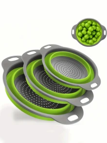 Round Collapsible Silicone Colander Set - Includes 1 Large And 1 Small, Perfect For Draining Pasta, Vegetables And Fruits (Green, Red, Blue), Kitchen Tool Household Items - Multicolor - View 4
