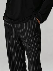 2 件男士休闲宽松睡衣套装，适合派对、居家、旅行、年轻人、家居服，圆领长袖上衣带口袋，侧条纹裤，针织面料，春秋冬秋季服装 - 黑色 - 查看 7