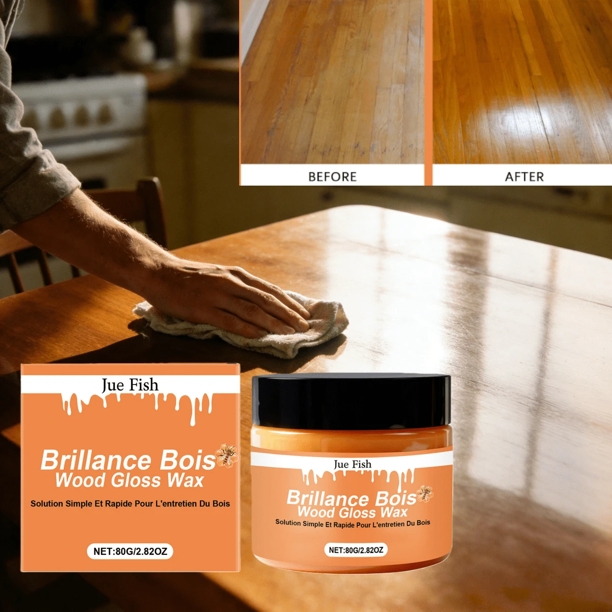Jue Fish 木材护理抛光蜂蜡，家具翻新，增亮，除油，家用蜂蜡抛光 - 彩色 - 查看 1