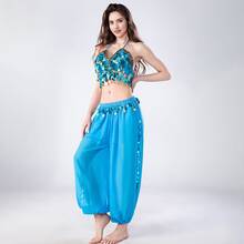 2pcs Women's Belly Dance Outfit, Shiny Fringe Sequin Crop Top + Harem Pants, Belly Dance Performance & Training Costume Set - Multicolor - View 4
