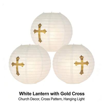 3pcs White Paper Lanterns With Gold Cross, Church Decor Hanging Ornaments, Christian Ceremony Lighting, Baptism Communion Church Indoor Decoration