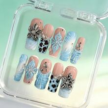 NailVease 10 PCS Handmade Press-On Nails | Pink-Blue Flower Sweet & Cool Long Nails With Acrylic Pink & Blue Bases, 3D Flower & Shell Element & Pearl Embellishments & Playful Retro Designs - 彩色 - 查看 10