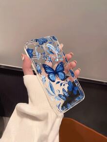 1pc Fashionable Minimalist Blue Butterfly & Leaf Pattern Transparent Soft Silicone Shockproof Anti-Scratch Lens Full Coverage Phone Case Compatible With Apple Phones - Multicolor - View 7