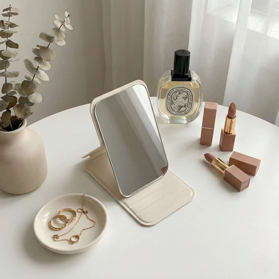 Women's Pink 3.9 Inch Folding Makeup Mirror, Compact Travel Mirror With Stand & Handheld Dual Use, Portable Pocket Purse Mirror, Cute Gifts For Women Girls, Birthday Christmas Gift Idea - 白色 - 查看 1