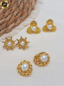 Retro Gold Stainless Steel Pearl Earrings Floral Sunburst Pattern Luxury Niche Earring Set (3 PiecesWomen's New Waterproof Jewelry Stainless Steel Jewelry Women's Jewelry Birthday Gift Holiday Gift Valentine's Day Valentine's Day - Multicolor - View 1