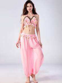 2pcs Women's Belly Dance Outfit, Shiny Fringe Sequin Crop Top + Harem Pants, Belly Dance Performance & Training Costume Set - Multicolor - View 9