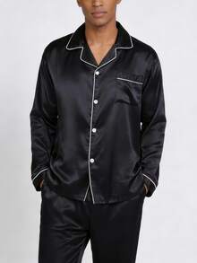 Snug League Two Pieces Sets Men's Pajamas Autumn And Winter Long Sleeved Top & Pants Satin Silk Home Wear Sleepwear Set, Fall Clothes - Black - View 3