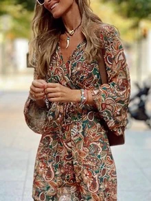 Vintage Print Dress, Draped Chiffon V-Neck Waist Dress, Casual Commute / Light Holiday Loose Clothing Spring - Brown - View 3