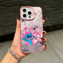 Disney Lilo & Stitch Angel Series  Case, Cute Cartoon Anime Design, Suitable For  17, 16, 15, 14, 13, 12, 11 Pro Max, XS, XR And X, Features A Reflective Back And Shockproof Corners. Perfect As A Birthday Gift, Holiday Gift, Or Valentine's Day Gift. - Hồng - Xem 2