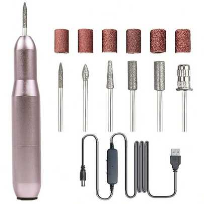 Electric Nail Drill - Electric Nail File, USB Powered, 6pcs Electric Nail Drill Bits, Suitable For Home Or Salon Use, Portable Mini Electric Nail Polishing Block, Nail Buffering Nail Trimming Polishing Tool, Good Gift