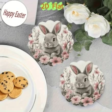 6pcs Easter Elements - Colorful Eggs, Cute Bunnies, Tulip Flower Basket Design, Round Wooden Coaster Set, Suitable For Patio, Kitchen, Living Room, Family Gathering Tabletop Decor, Gift For Friends & Family, Fits Easter, Valentine's Day, Wedding, Birthday Party Home Accents - Multi-colored Irregular Shape - View 3