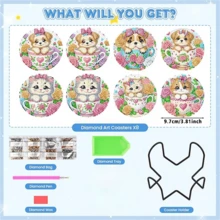 8Pcs/Set Cute Puppy & Kitten In Teacup Floral DIY Diamond Painting Coasters Set With Holder, Sparkling Rhinestone Art Craft Cup Mats For Home Decor & Pet Lover Gifts - Multicolor - View 4