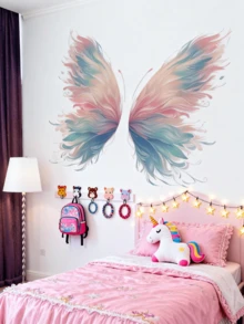 1张/2张壁纸 - [花蝶翅膀] 男孩儿童房装饰 家居自粘婴儿房装饰 女孩房装饰壁纸 可移除墙贴 个性化礼物 客厅墙面装饰、女孩卧室、窗贴 - 可爱创意墙面装饰 儿童房装饰 卧室装饰