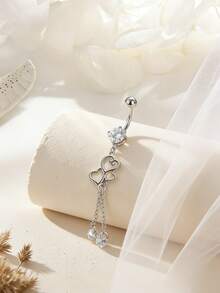 1pc Elegant Cubic Zirconia Heart Shaped Navel Piercing Ring, Suitable For Women's Daily, Date, Party Wear - Silver - View 1