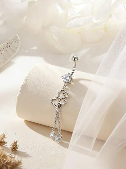 1pc Elegant Cubic Zirconia Heart Shaped Navel Piercing Ring, Suitable For Women's Daily, Date, Party Wear