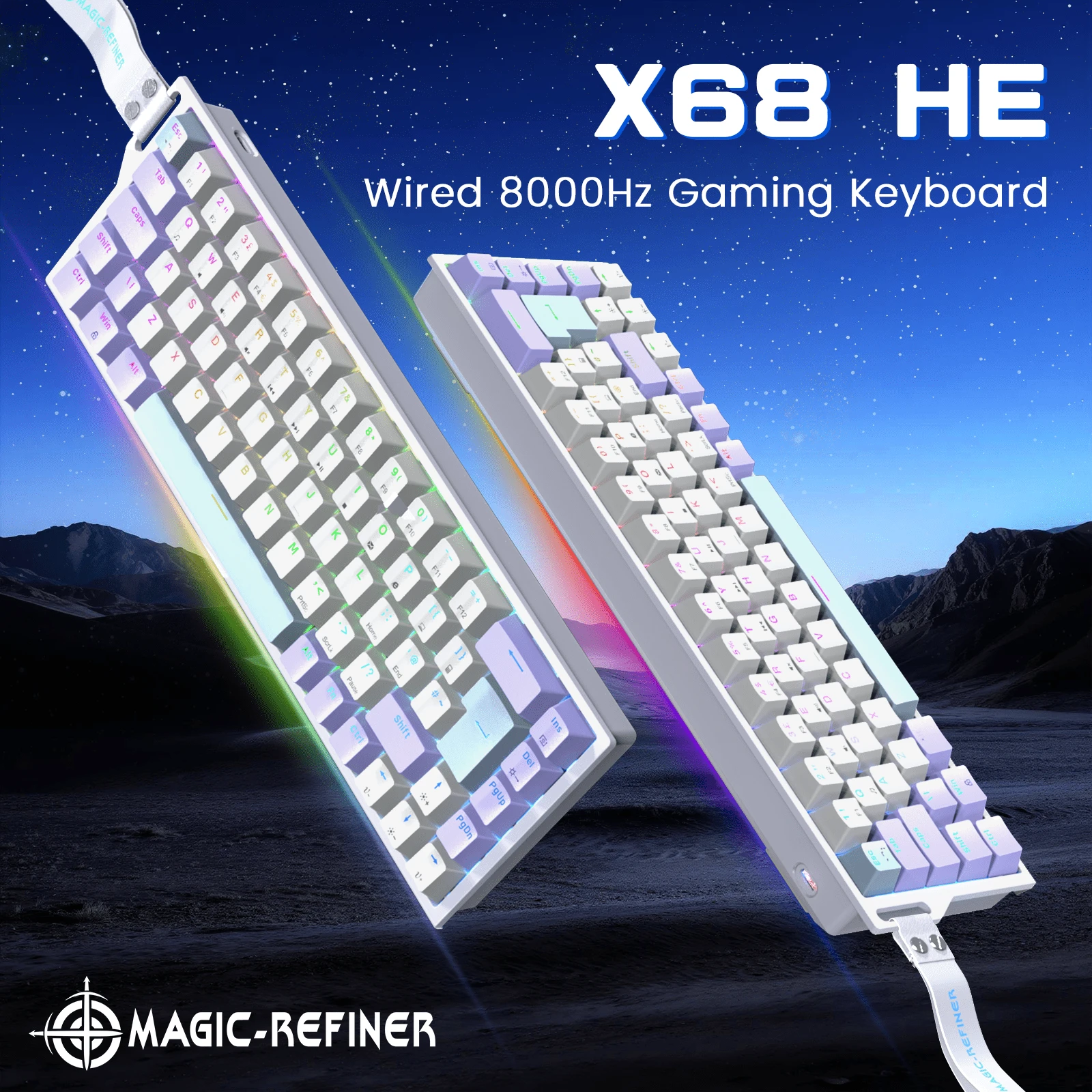 ATTACK SHARK * MAGIC-REFINER X68 HE 有线 60% 霍尔效应快速触发机械 RGB 游戏键盘，8K 轮询率，0.04mm RT 精度，磁力开关，可调节触发，快速点击，适用于 PC 游戏玩家，2026 新年圣诞版 - 白色/黑色/奶酪色/星夜色 - 彩色 - 查看 1