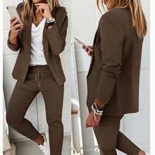 2pcs Women's Suit Set: Lapel Collar Jacket And Elastic Waist Pants - Coffee Brown - View 5
