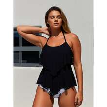 Tankini Swimsuit For Women - Black Halter Top & Palm Print Bottoms - Tropical Two Piece Bathing Suit - Ruffled Swimwear Set For Vacation, Beach, Pool - Plus Size Available - 多色1067 - 查看 2