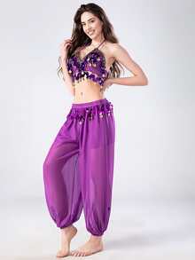 2pcs Women's Belly Dance Outfit, Shiny Fringe Sequin Crop Top + Harem Pants, Belly Dance Performance & Training Costume Set - Multicolor - View 20
