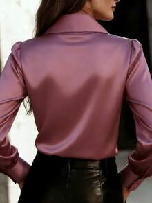 时尚女士缎面衬衫，长款常规袖，衬衫领，前襟纽扣设计 - 薔薇粉 - 查看 3