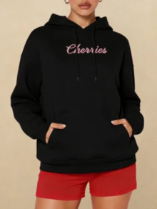 Long Sleeve Top Sweatshirt Front And Back Cherry Pattern Women Women Solid  Cherry Leopard Casual Daily Pullover Hooded Top Pocket Drawstring Hoodie - Đen (NÓNG) - Xem 1
