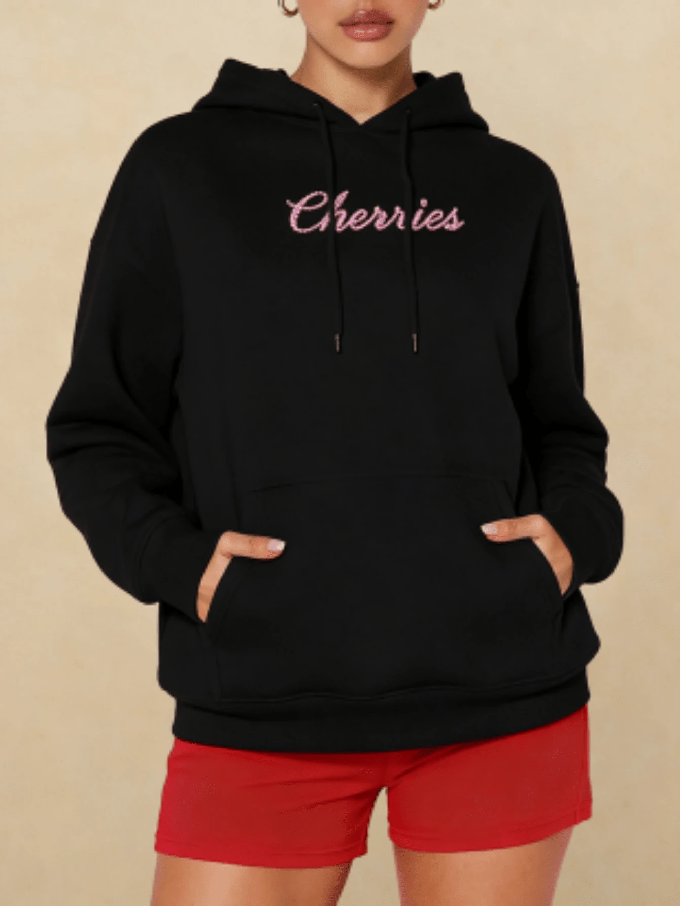 Long Sleeve Top Sweatshirt Front And Back Cherry Pattern Women Women Solid  Cherry Leopard Casual Daily Pullover Hooded Top Pocket Drawstring Hoodie - Đen (NÓNG) - Xem 1