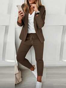 2pcs Women's Suit Set: Lapel Collar Jacket And Elastic Waist Pants - Coffee Brown - View 4