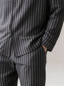 Snug League 2pcs Men Plus Size Striped Long Sleeve Top & Pants Sleepwear Set, High Quality Casual Home Outfit For Spring And Autumn, Fall Winter Clothes - Black - View 7