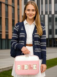 1pc Women'S Large Size Letter Embroidery Multifunctional Bible Bag Shoulder Bag Bible Handbag Bible Bag Bible Bag With Shoulder Strap Bible Bookmark Box Suitable For Girls Women Daily Storage Participating In Worship Activities Give To Children Parents Holiday Gift Does Not Include All The Pens And Notebooks Inside Please Note Whether The Product Size In The Picture Is Suitable For You - Pink - View 3